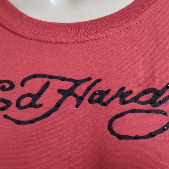Ed Hardy Red with Eagle Graphics Rhinestone Logo Name Size Large 77 Tattoo Tee - Picture 5 of 7